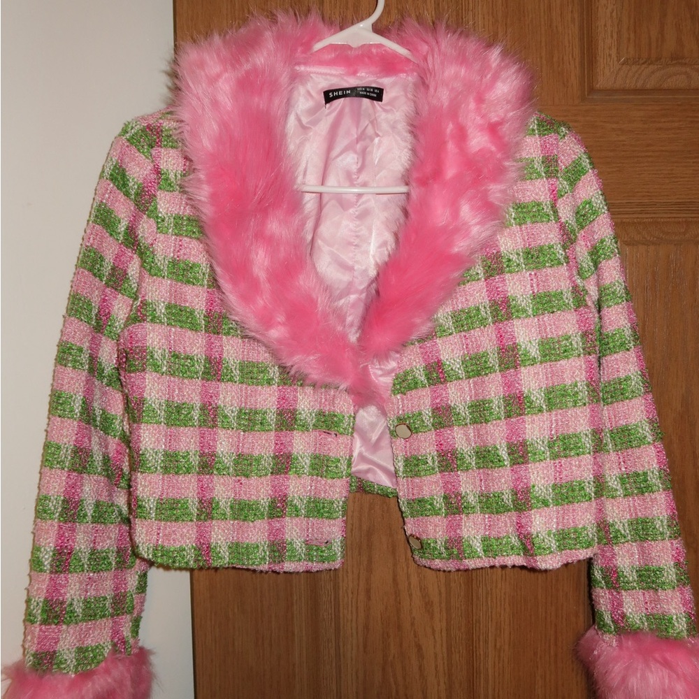 SHEIN Pink and Green Plaid Faux Fur Trim Blazer